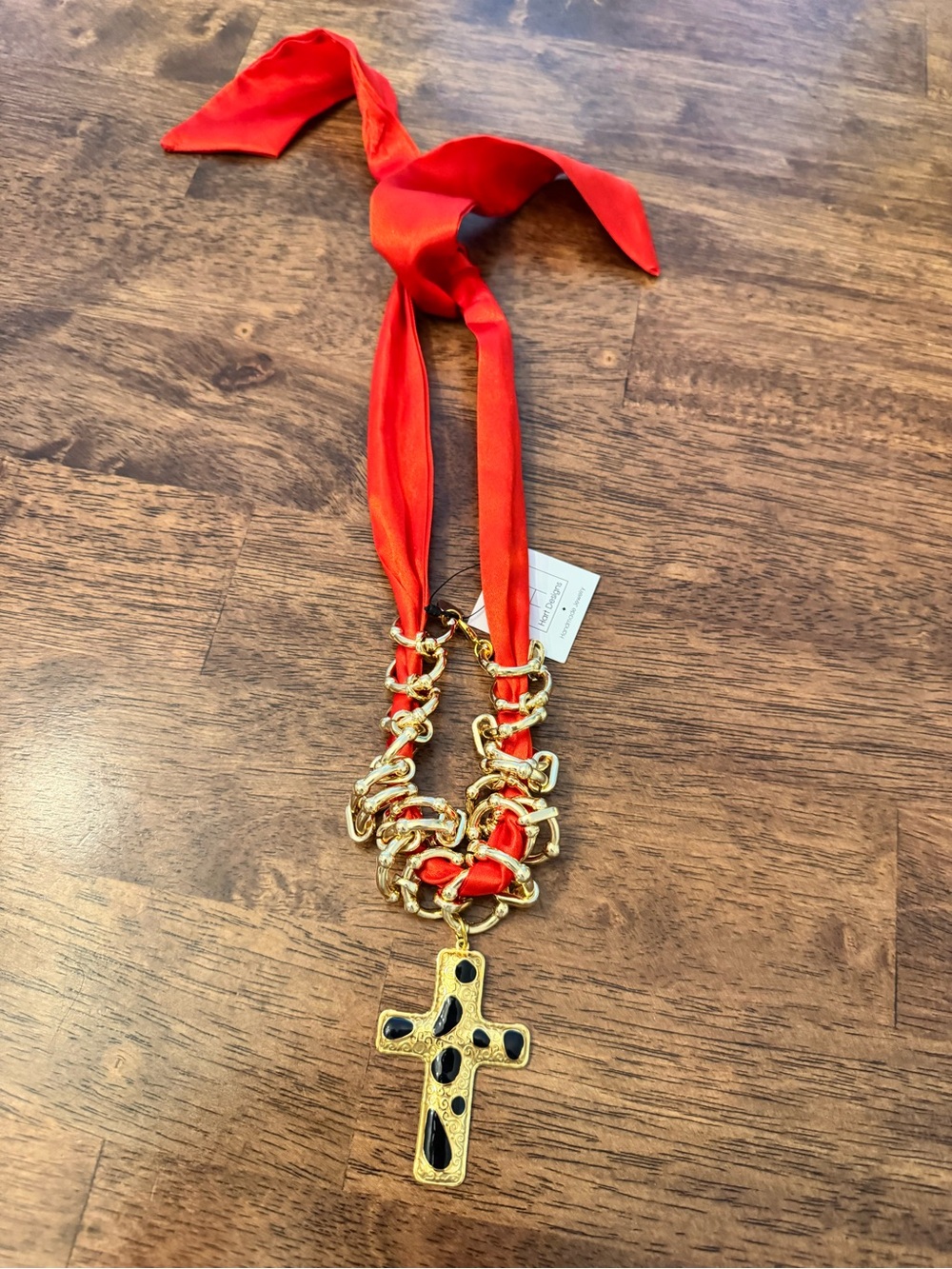 Gold Cross Pendant Necklace with Red Ribbon